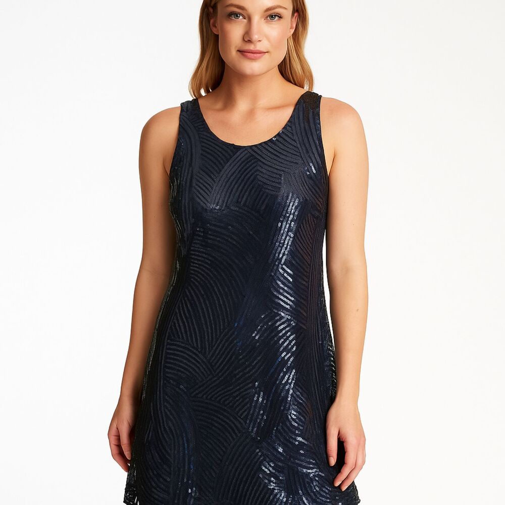 Navy Blue Swirled Pattern Sequined Swing Dress Size Small